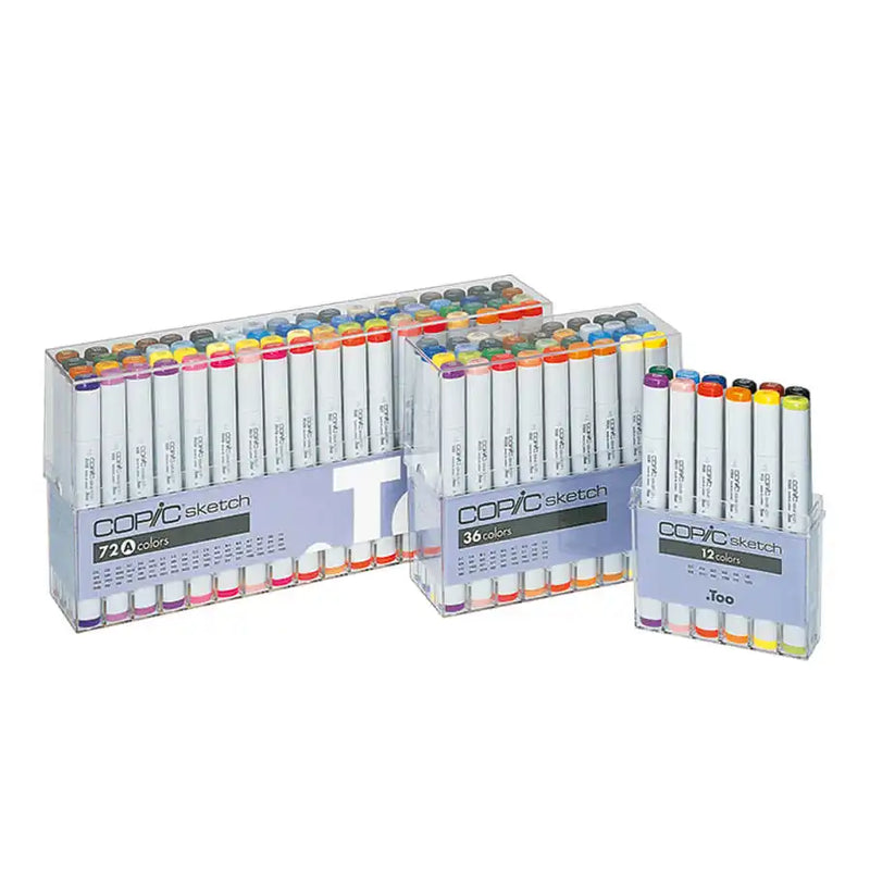 Assortment of Copic Sketch marker sets with 72, 36, and 12 colors.