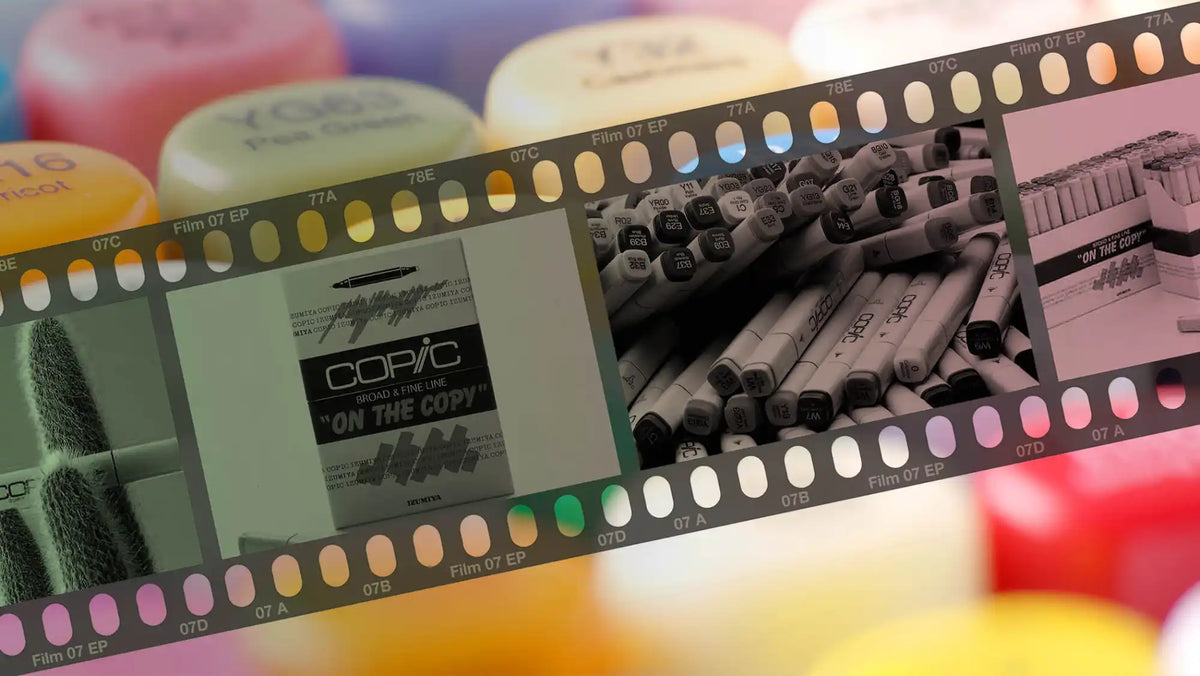 A filmstrip overlaying a collection of Copic markers, showcasing their variety and packaging.