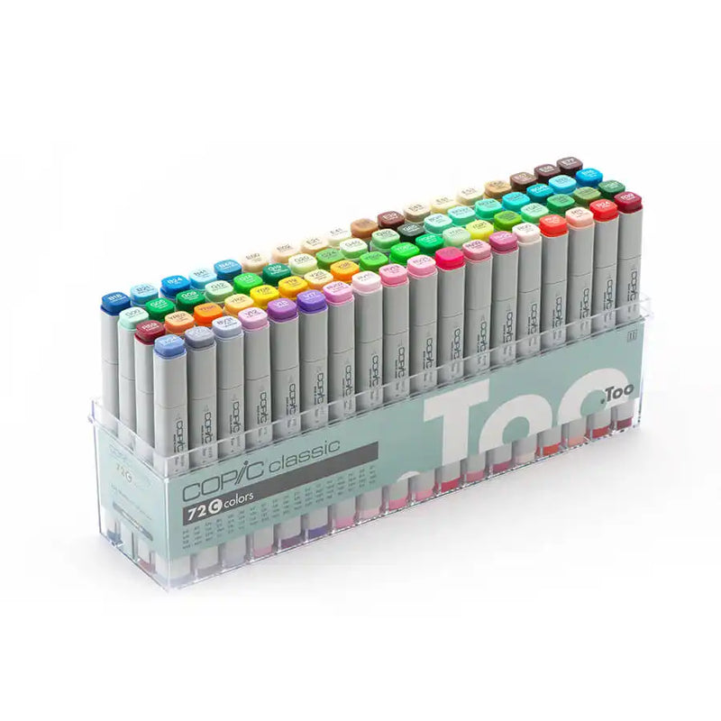 A set of 72 Copic Classic markers in a clear plastic organizer.