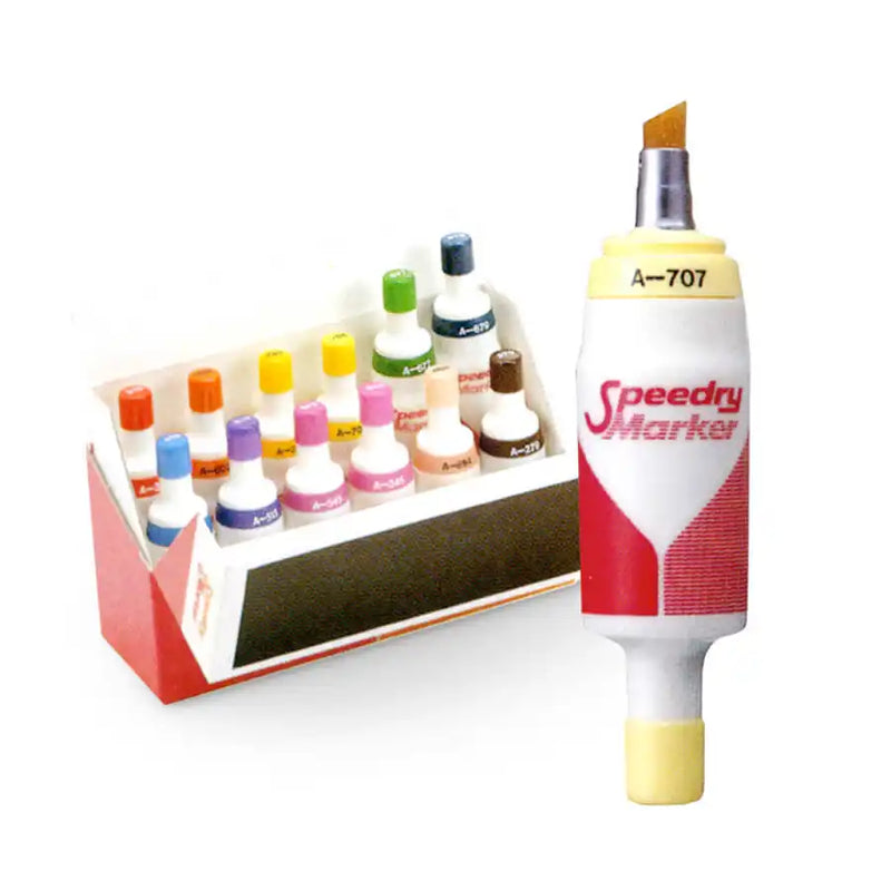 A set of Speedry Markers in various colors with a single marker shown separately.