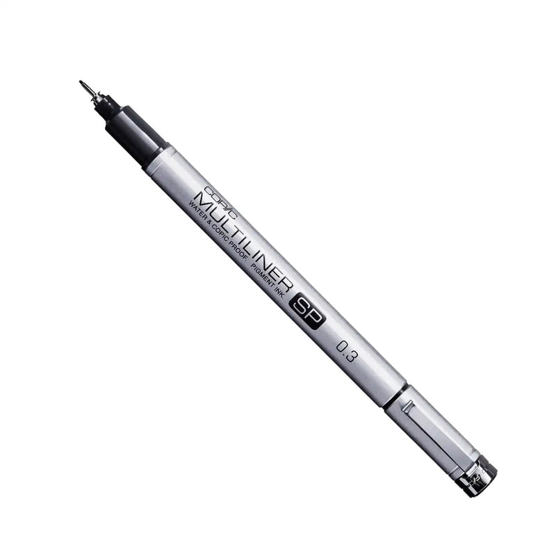 Silver and black fineliner pen with a 0.3mm nib.