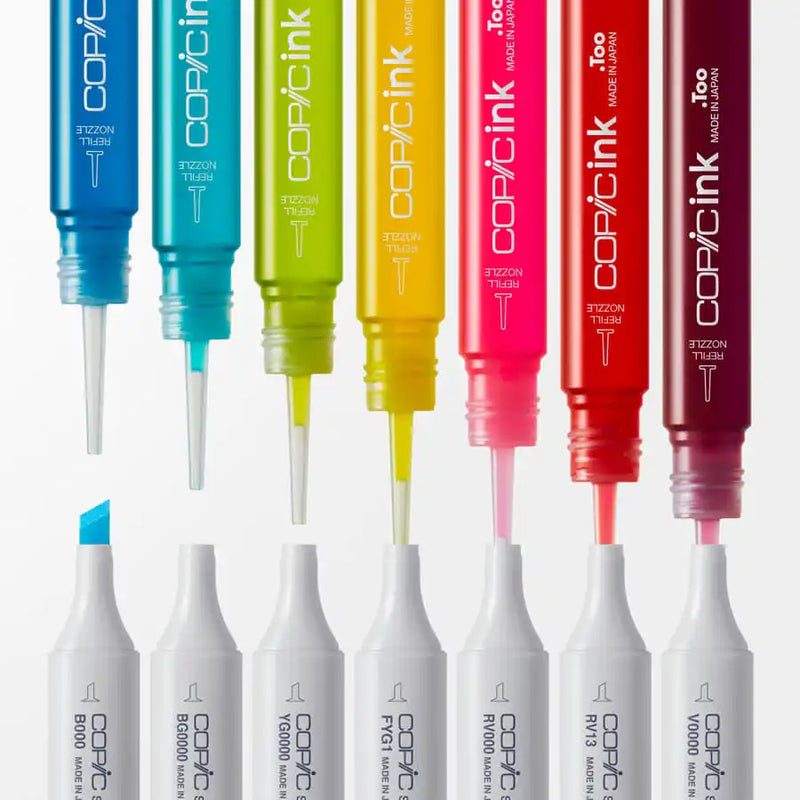 A vibrant assortment of Copic ink refills and marker pens.