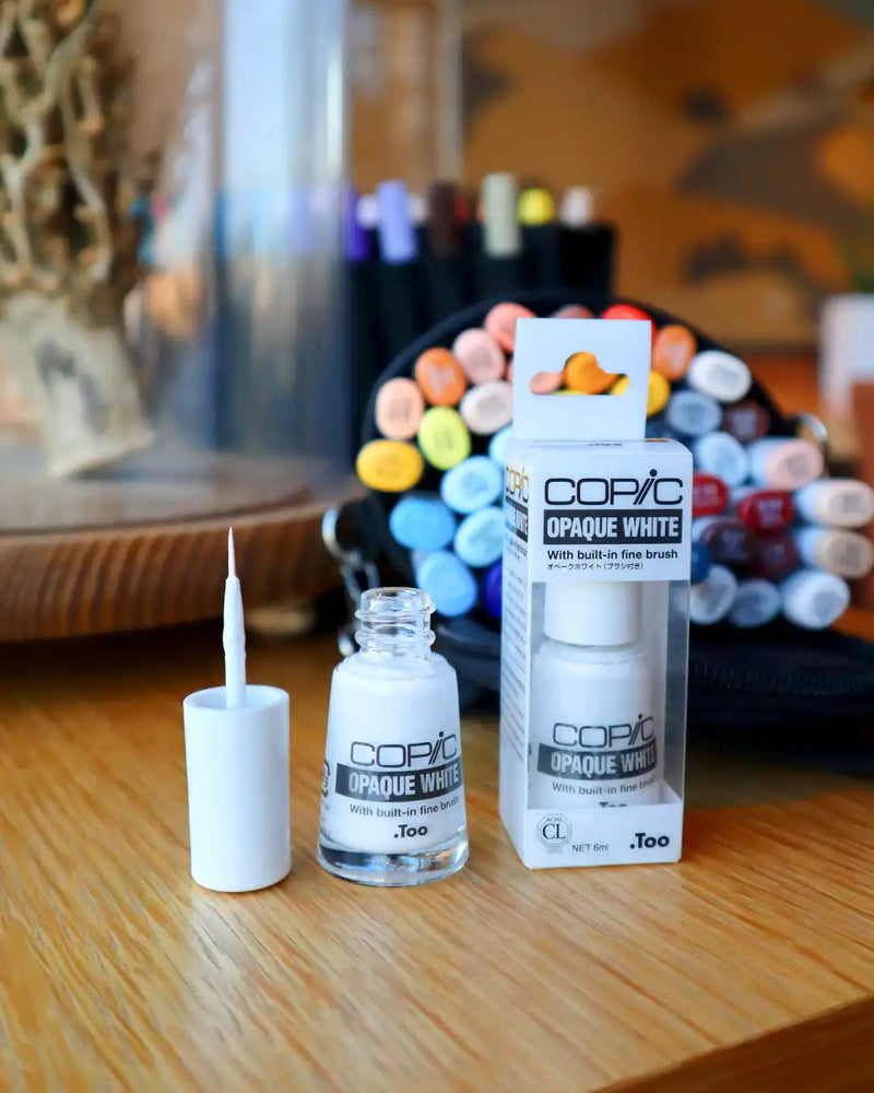 A bottle of white opaque correction fluid with a fine brush applicator.